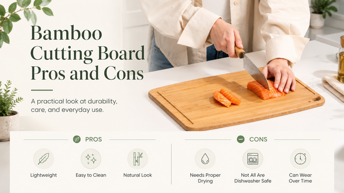 bamboo cutting board pros and cons with salmon slicing on bamboo board