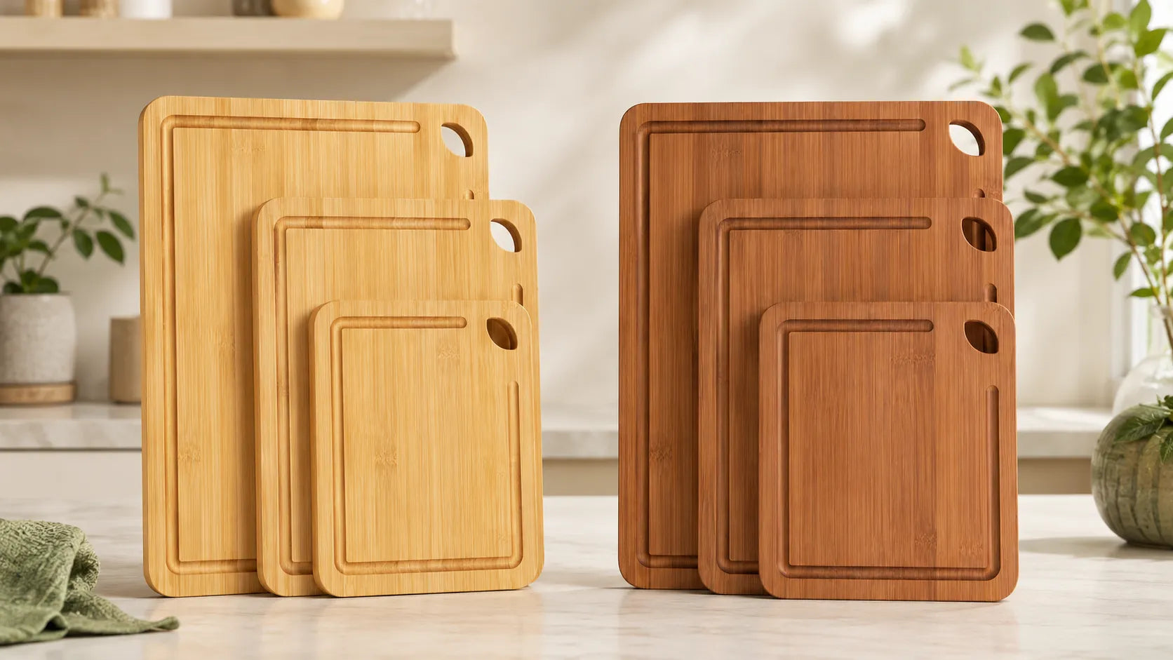 Natural and carbonized bamboo cutting board sets compared side by side in a bright kitchen