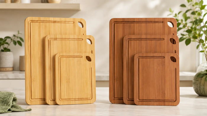 Natural and carbonized bamboo cutting board sets compared side by side in a bright kitchen