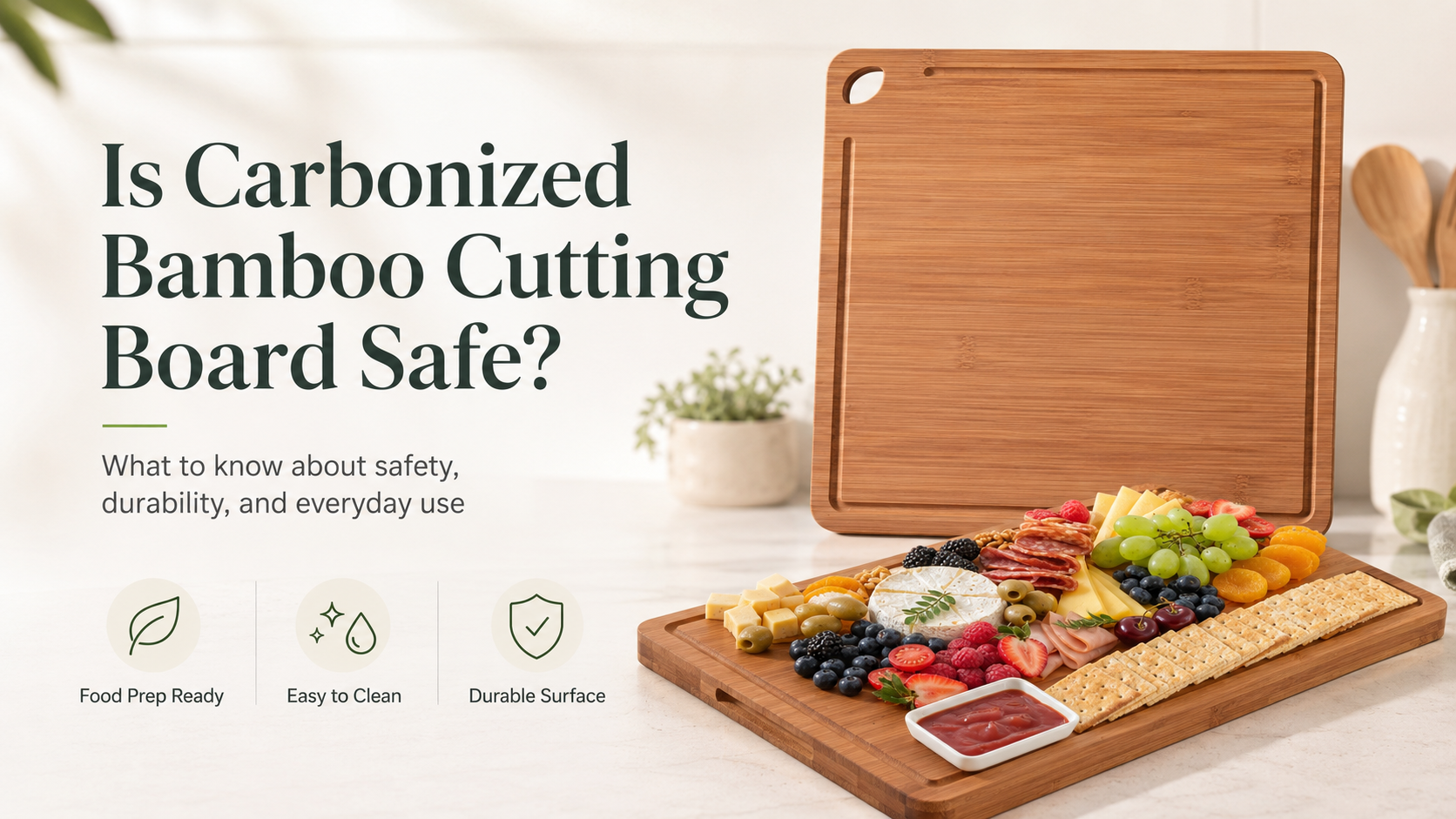 Carbonized bamboo cutting board safety guide showing a board used for food prep and serving
