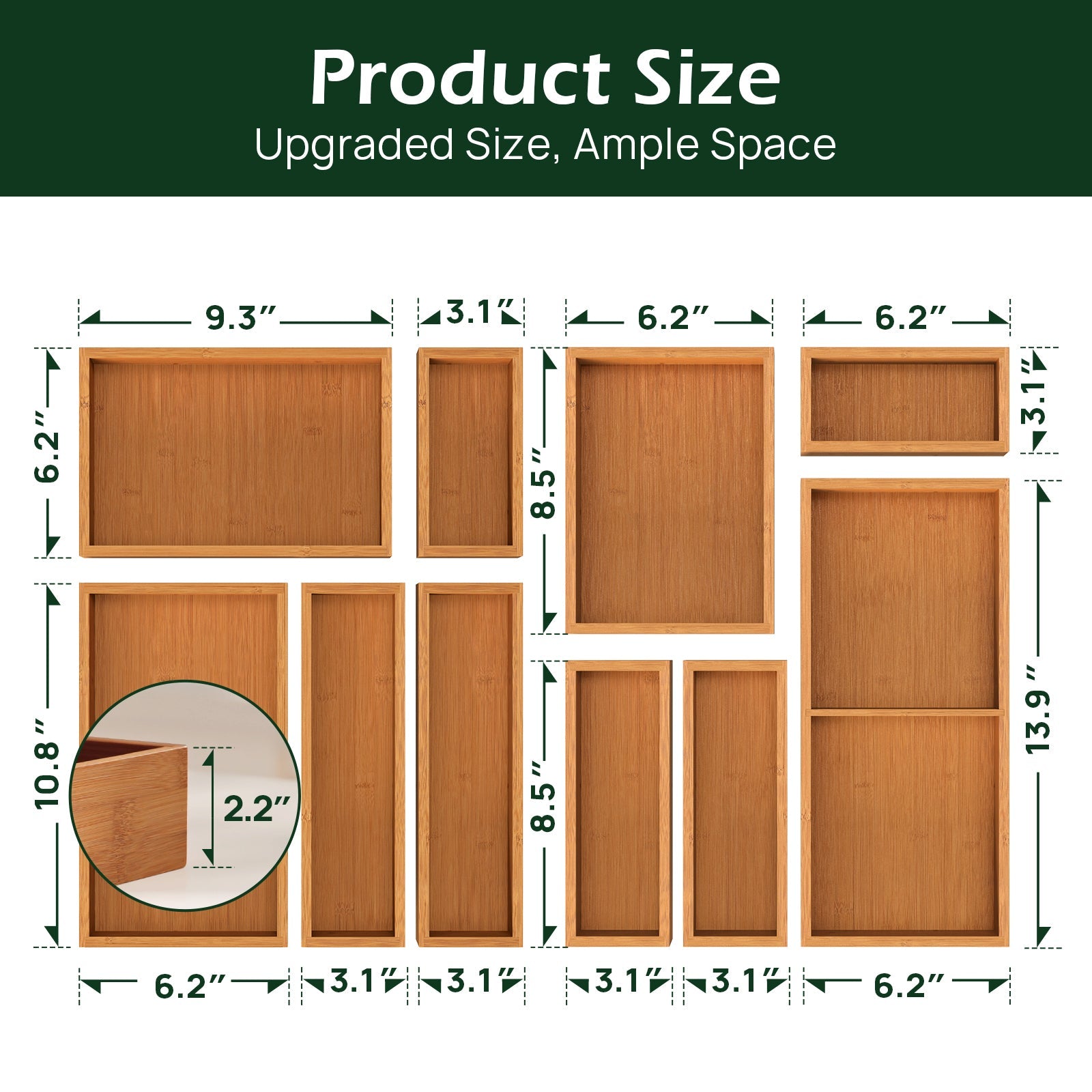 10 Piece Bamboo Drawer Organizer Set