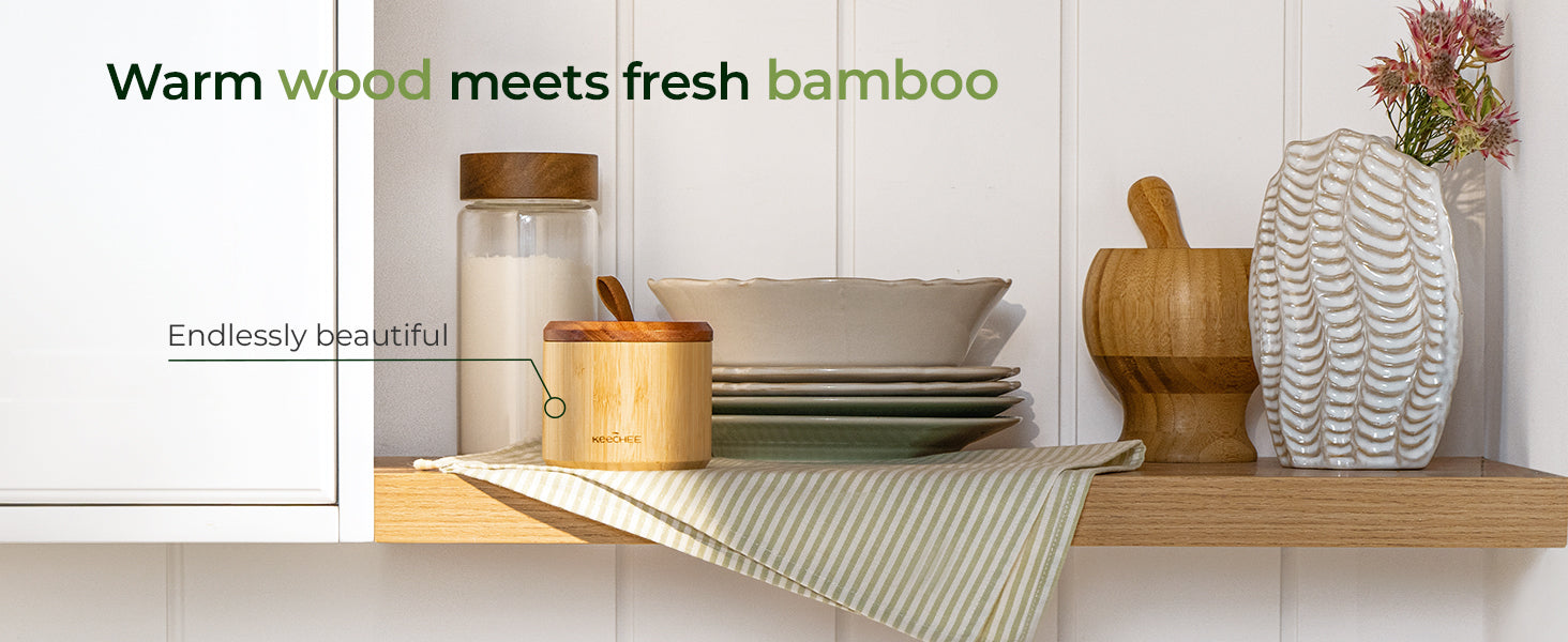 Bamboo Salt Cellar Dual Compartment with Acacia Lid & Spoon