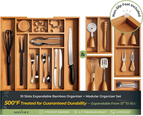 10 Slot Expandable Silverware Organizer + 5pc Set Drawer Organizer