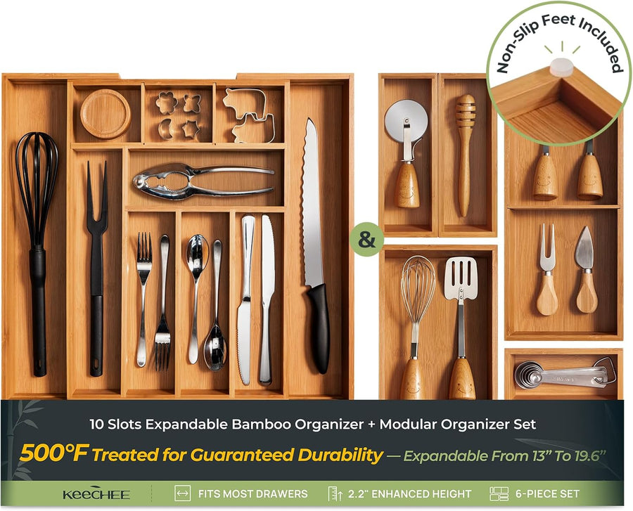 10 Slot Expandable Silverware Organizer + 5pc Set Drawer Organizer