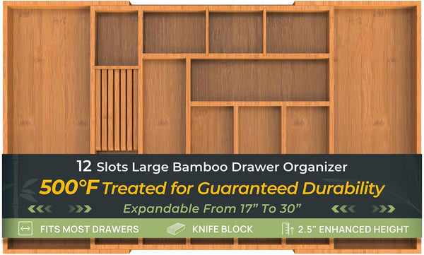 12 Slot Expandable Carbonized Large Bamboo Kitchen Drawer Organizer