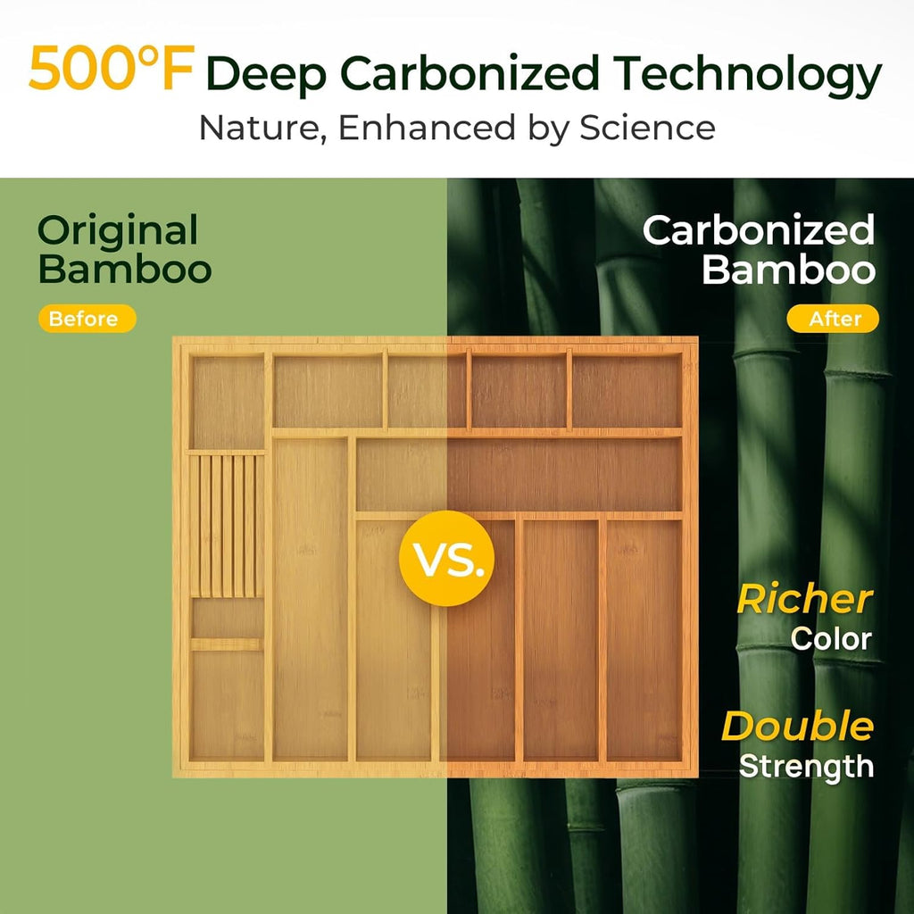12 Slot Expandable Carbonized Large Bamboo Kitchen Drawer Organizer