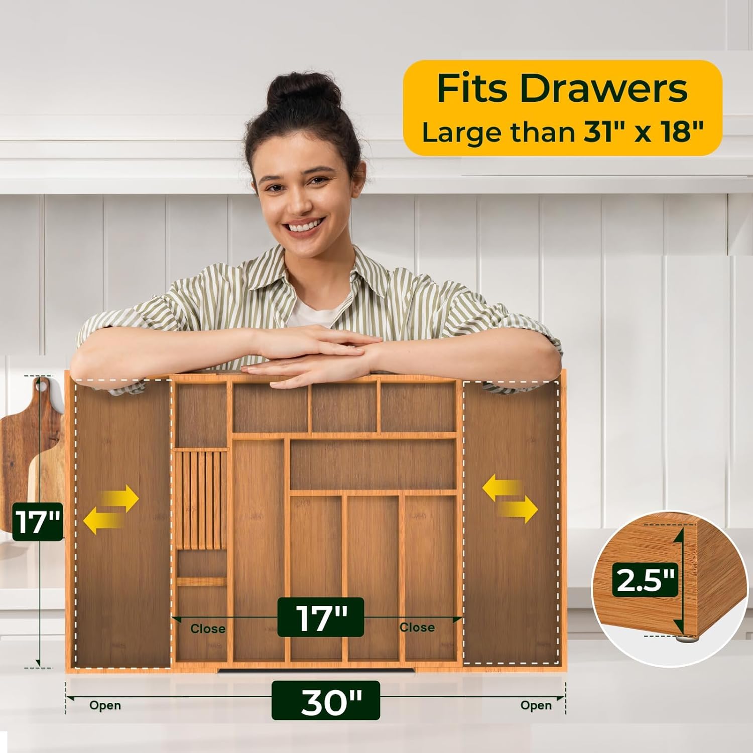 12 Slot Expandable Carbonized Large Bamboo Kitchen Drawer Organizer