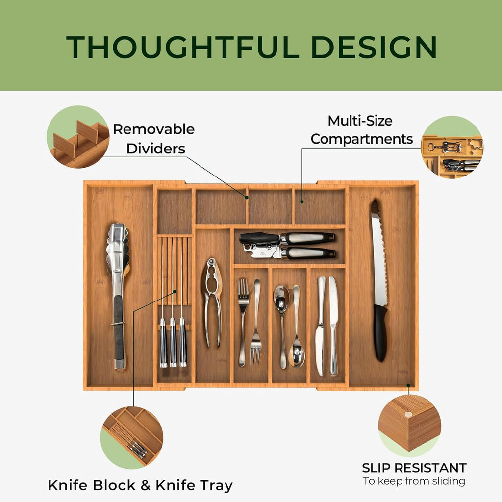 12 Slot Expandable Carbonized Large Bamboo Kitchen Drawer Organizer