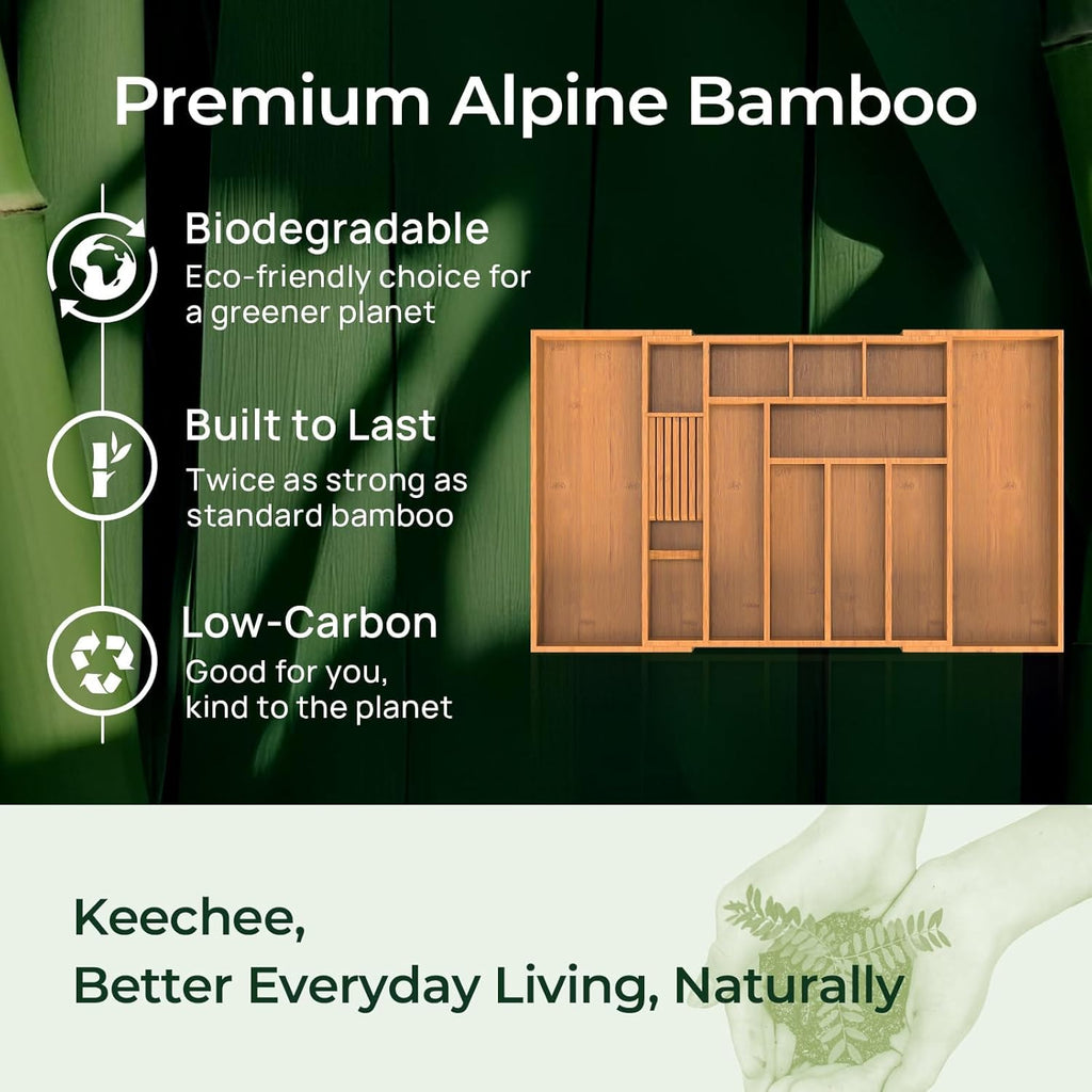12 Slot Expandable Carbonized Large Bamboo Kitchen Drawer Organizer