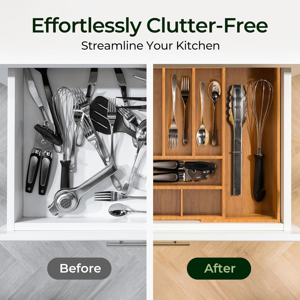12 Slot Expandable Carbonized Large Bamboo Kitchen Drawer Organizer