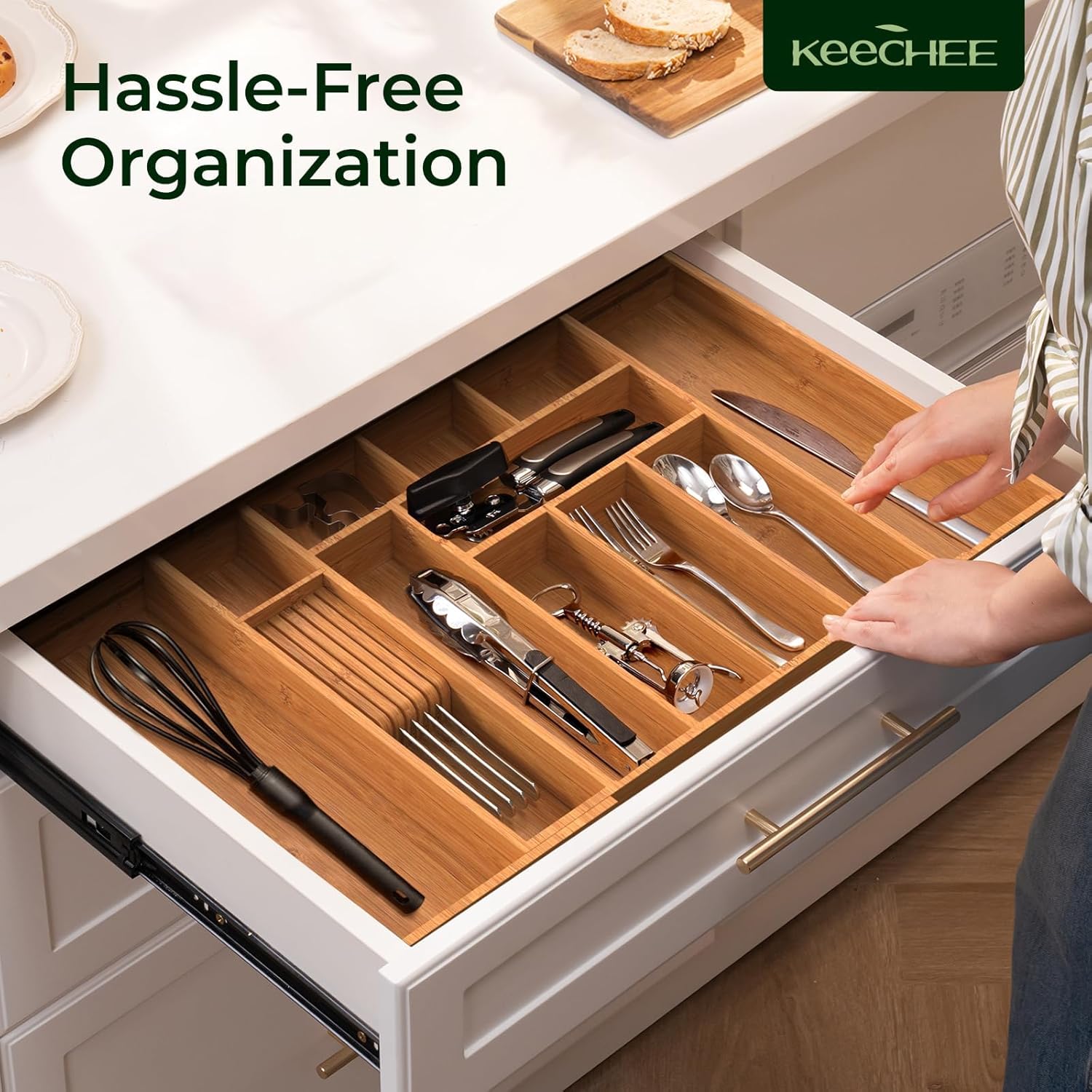 12 Slot Expandable Carbonized Large Bamboo Kitchen Drawer Organizer
