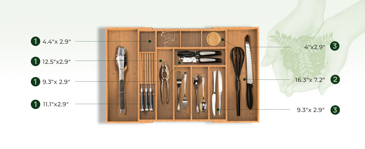 12 Slot Expandable Carbonized Large Bamboo Kitchen Drawer Organizer