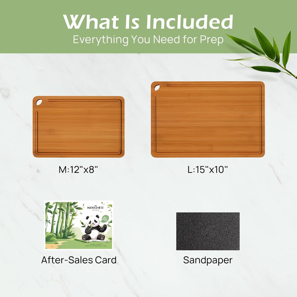 Medium and large cutting boards included in the KEECHEE carbonized bamboo set
