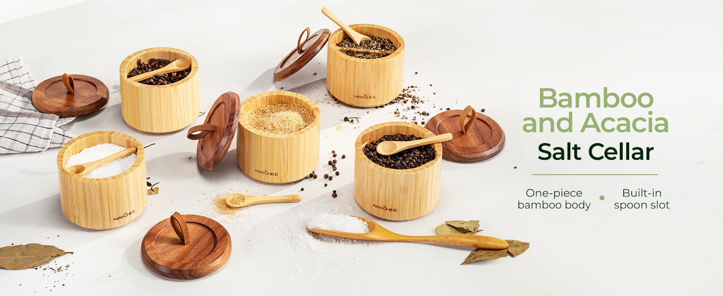 Bamboo Salt Cellar Dual Compartment with Acacia Lid & Spoon