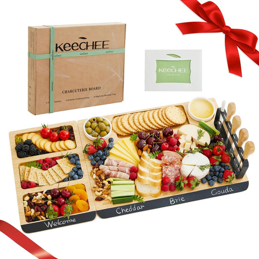 KeeCHEE® Charcuterie Boards Gift Set - Chalkboard Edge Bamboo Cheese Board and Knife Set