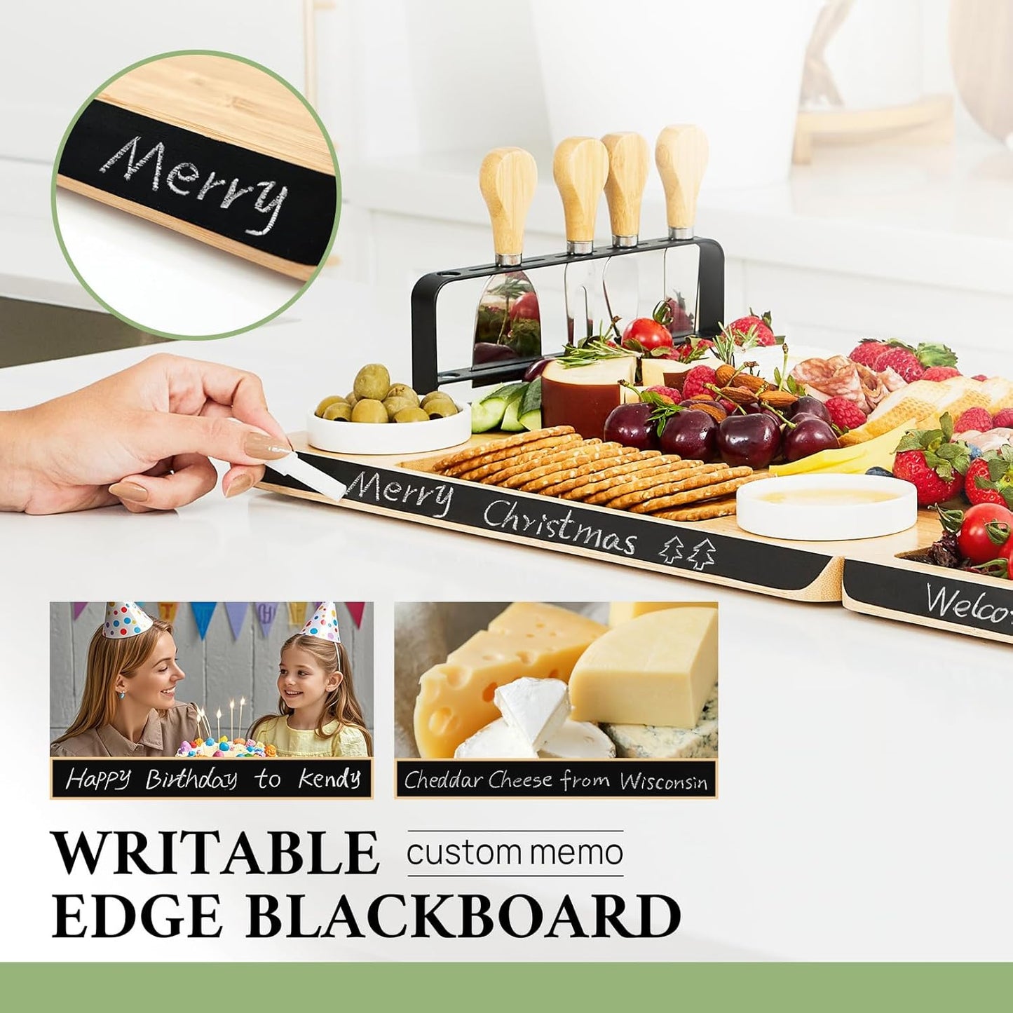 KeeCHEE® Charcuterie Boards Gift Set - Chalkboard Edge Bamboo Cheese Board and Knife Set