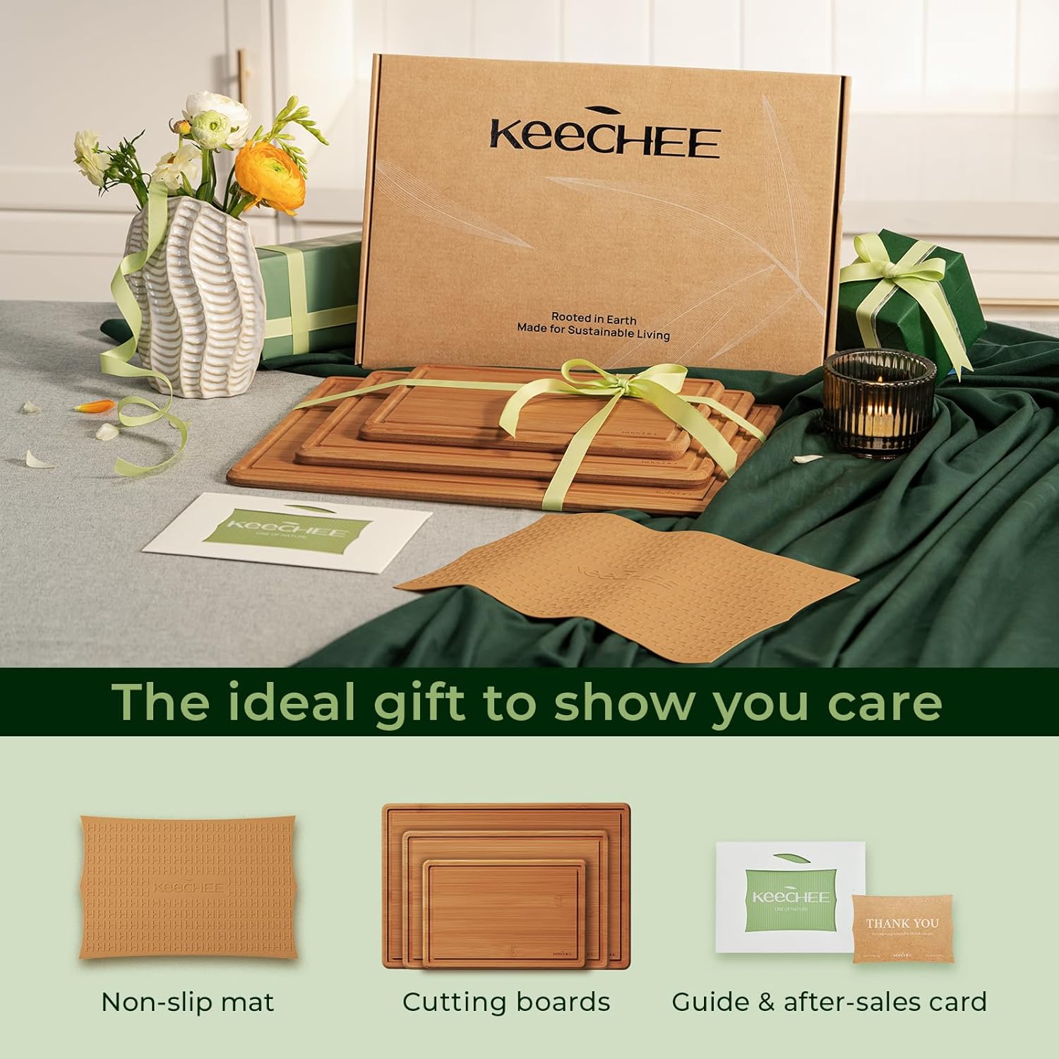 Carbonized Bamboo Cutting Board with Non-slip Mat - Set of 3