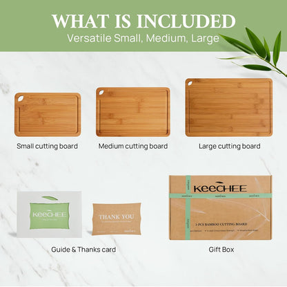 KeeCHEE® Wood Cutting Board for Kitchen - Reversible Bamboo Cutting Boards Gift Set of 3 with Juice Groove