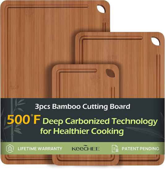 KeeCHEE® Wood Cutting Board for Kitchen - Reversible Bamboo Cutting Boards Gift Set of 3 with Juice Groove