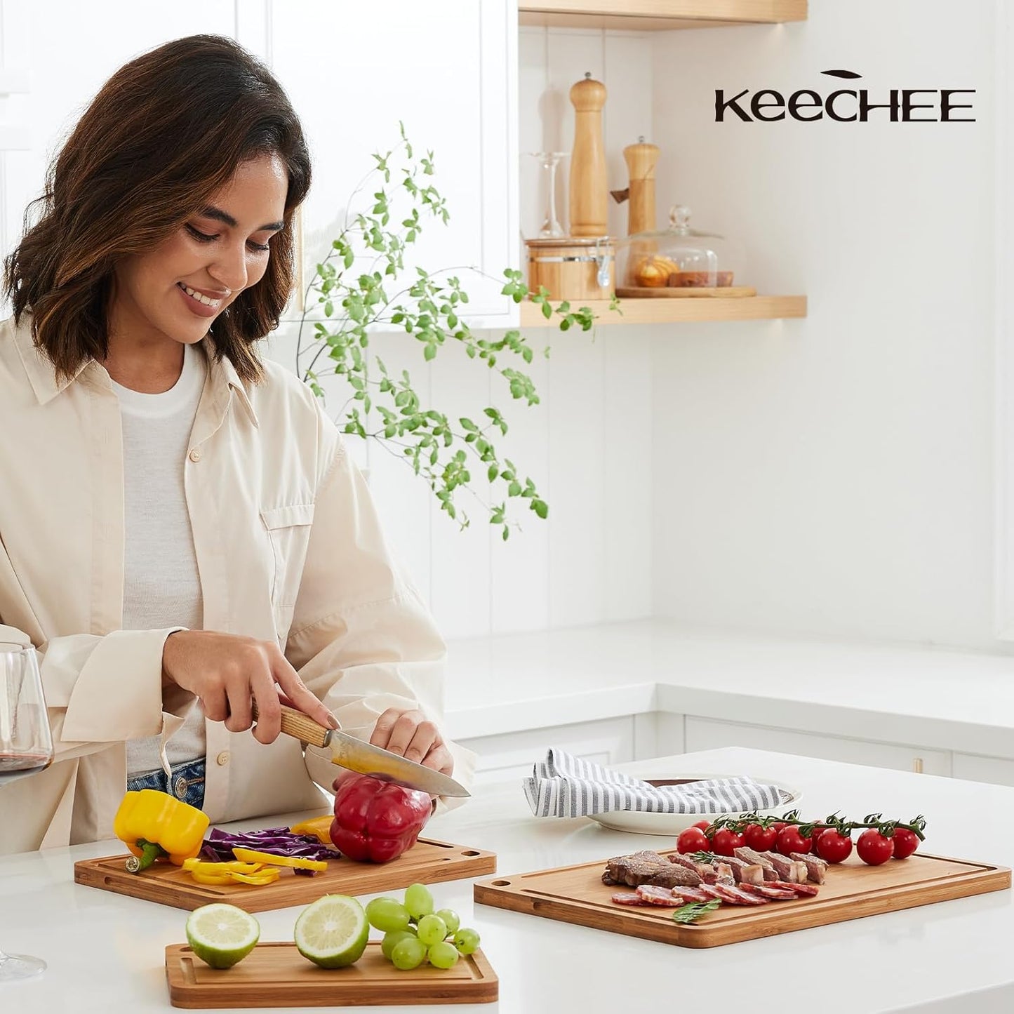 KeeCHEE® Wood Cutting Board for Kitchen - Reversible Bamboo Cutting Boards Gift Set of 3 with Juice Groove