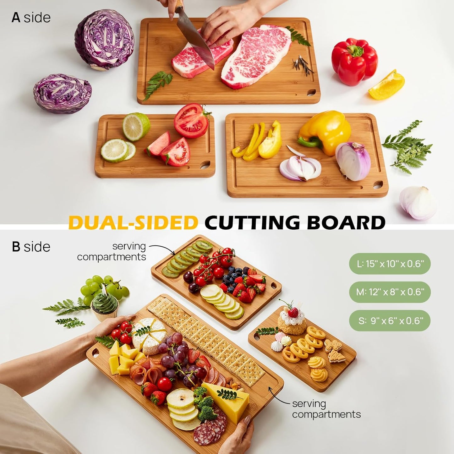 KeeCHEE® Wood Cutting Board for Kitchen - Reversible Bamboo Cutting Boards Gift Set of 3 with Juice Groove