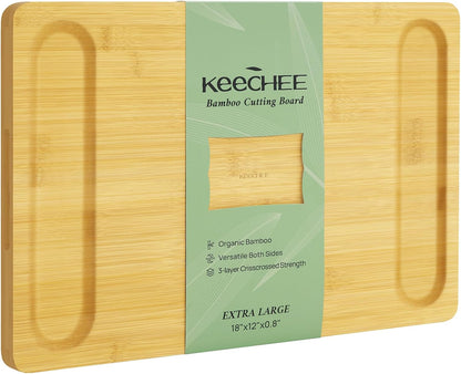 KeeCHEE® Extra Large Bamboo Cutting Board for Kitchen - 18 Inch Wood XL Cutting Boards with Juice Groove and Handles