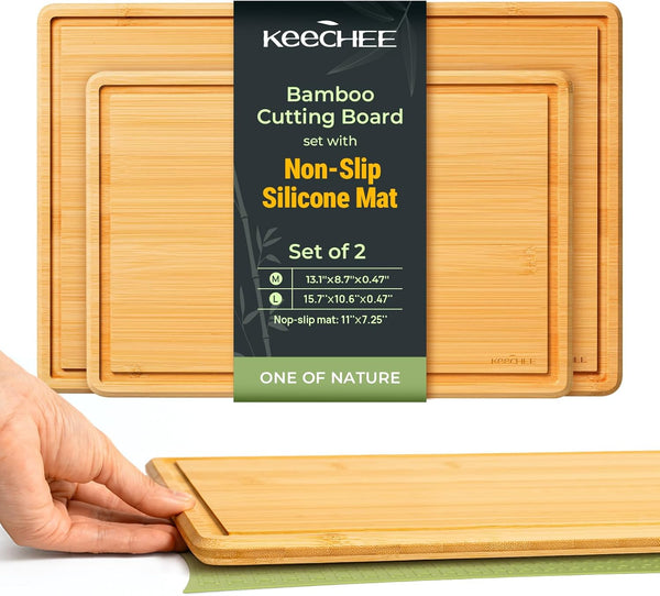 Natural Bamboo Cutting Board with Non-slip Mat - Set of 2