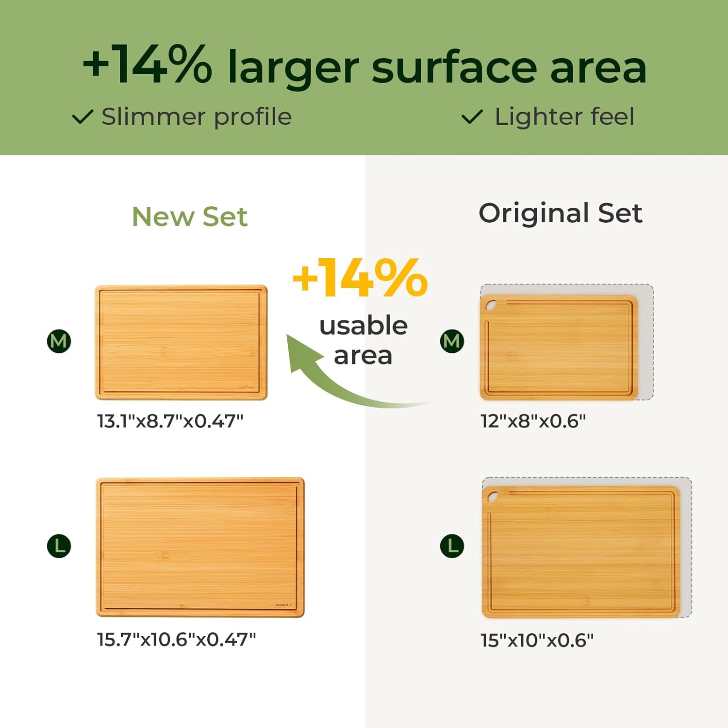 Natural Bamboo Cutting Board with Non-slip Mat - Set of 2