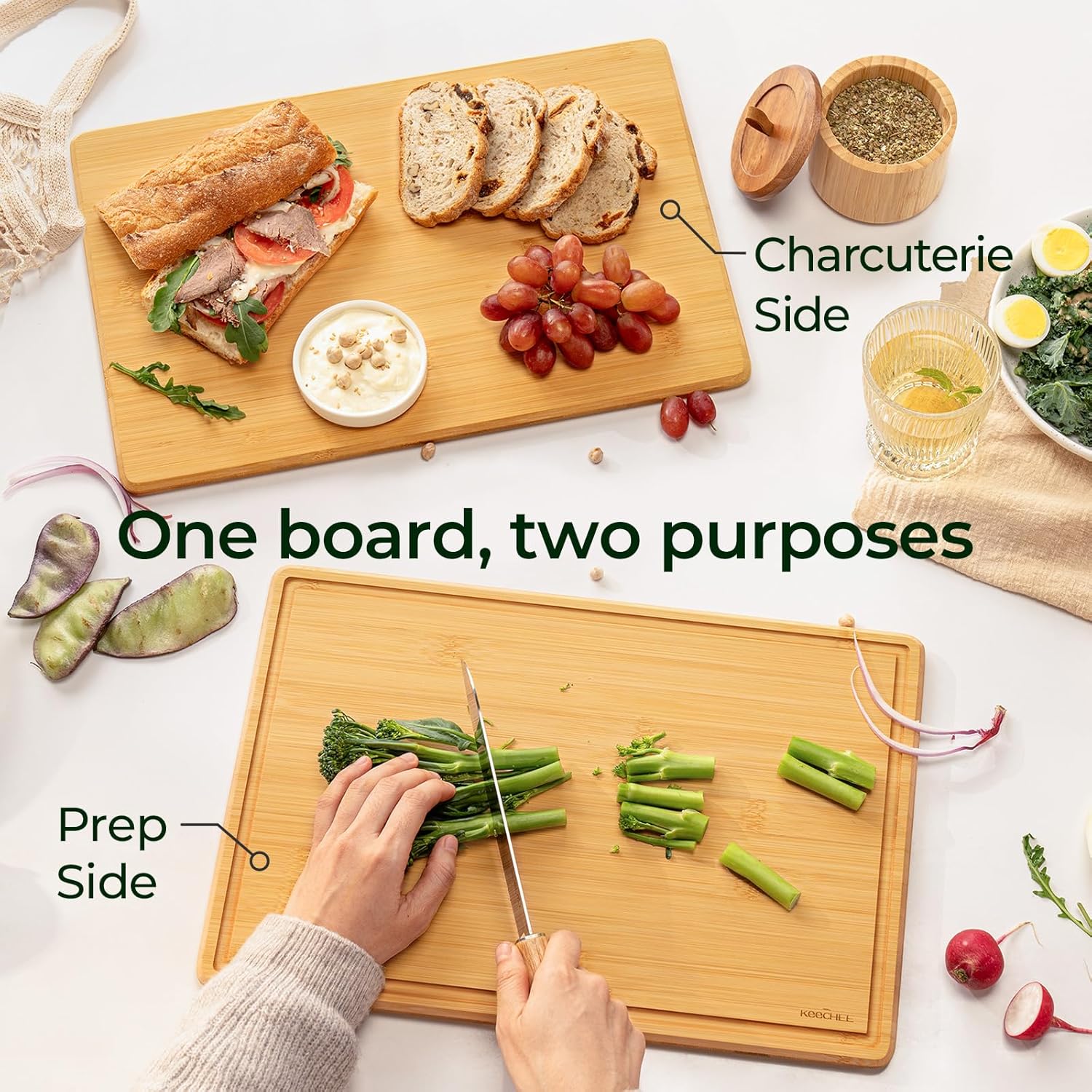 Natural Bamboo Cutting Board with Non-slip Mat - Set of 2