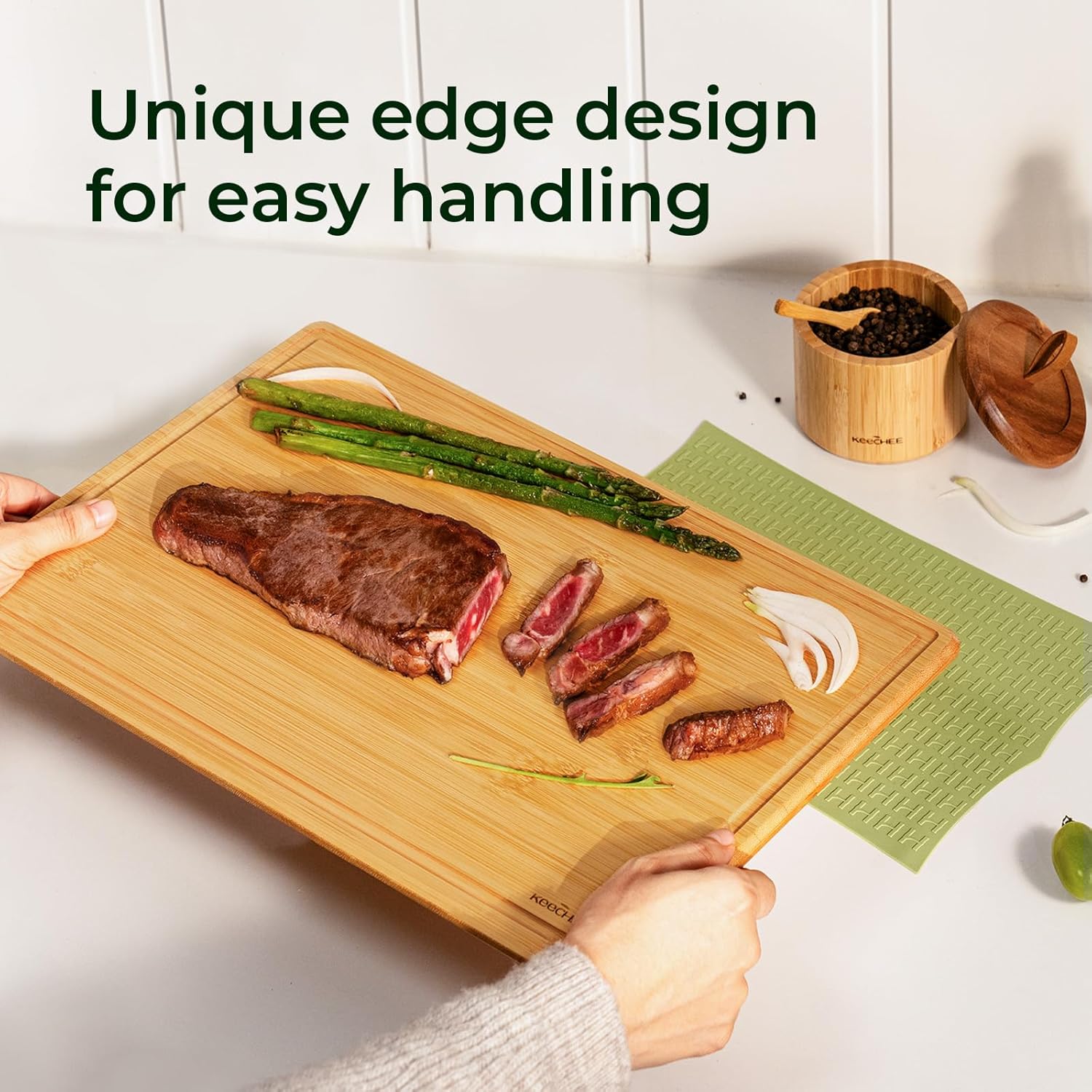 Natural Bamboo Cutting Board with Non-slip Mat - Set of 2