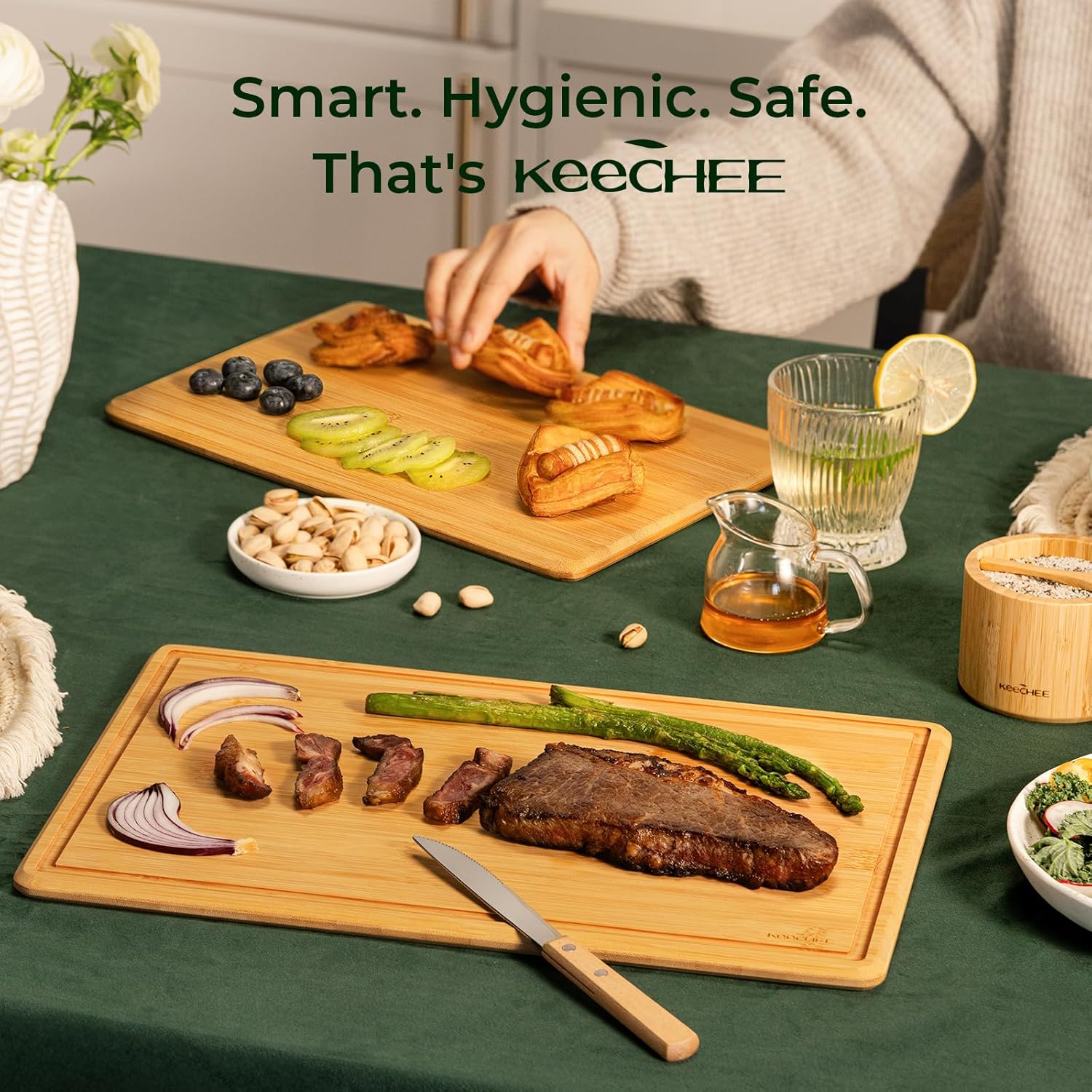 Natural Bamboo Cutting Board with Non-slip Mat - Set of 2