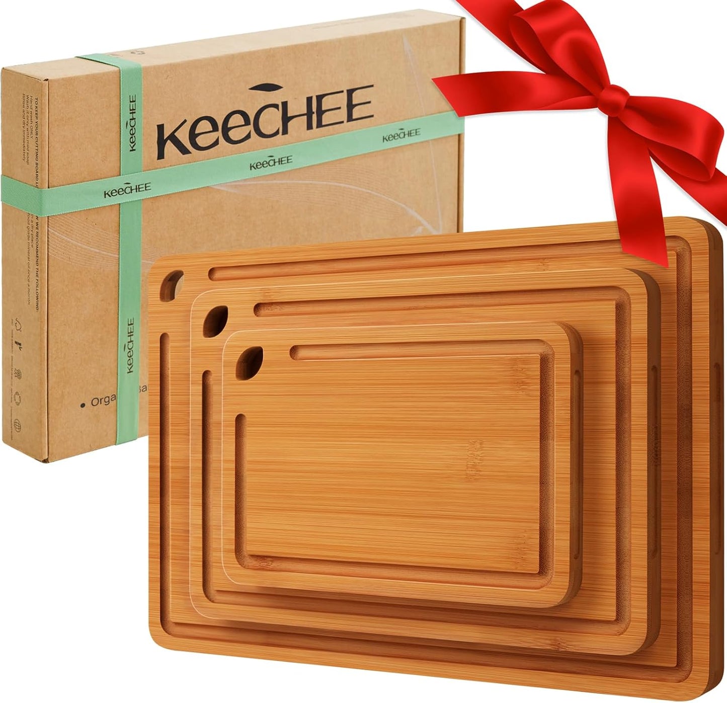 KeeCHEE® Wood Cutting Board for Kitchen - Reversible Bamboo Cutting Boards Gift Set of 3 with Juice Groove