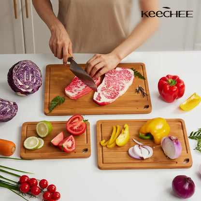 KeeCHEE® Wood Cutting Board for Kitchen - Reversible Bamboo Cutting Boards Gift Set of 3 with Juice Groove