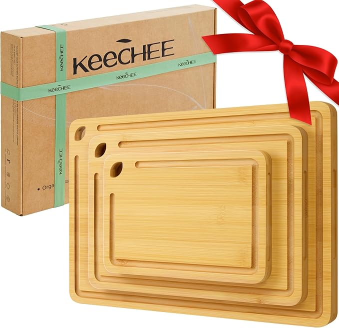 KeeCHEE® Wood Cutting Board for Kitchen - Reversible Bamboo Cutting Boards Gift Set of 3 with Juice Groove