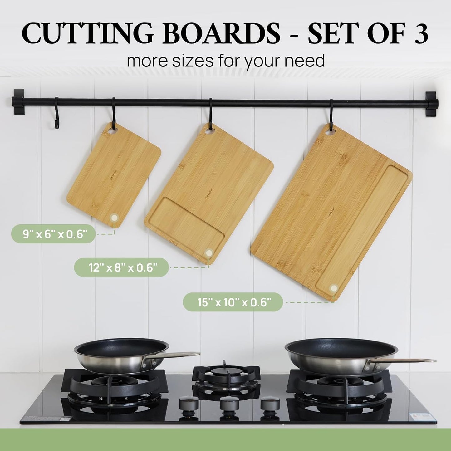 KeeCHEE® Wood Cutting Board for Kitchen - Reversible Bamboo Cutting Boards Gift Set of 3 with Juice Groove