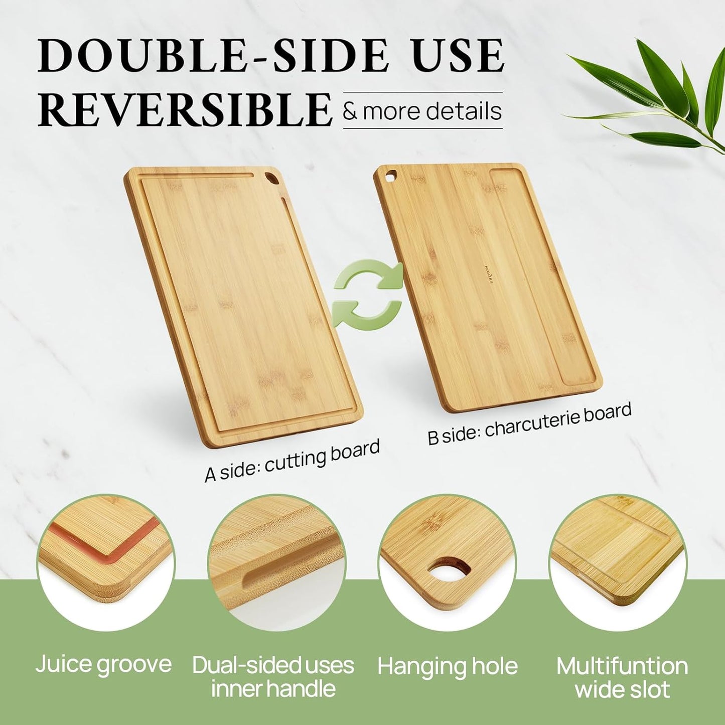 KeeCHEE® Wood Cutting Board for Kitchen - Reversible Bamboo Cutting Boards Gift Set of 3 with Juice Groove