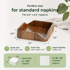 Acacia wood napkin holder measuring 7.6 by 7.6 by 1.97 inches, designed for napkins folded to 6.5 inches square