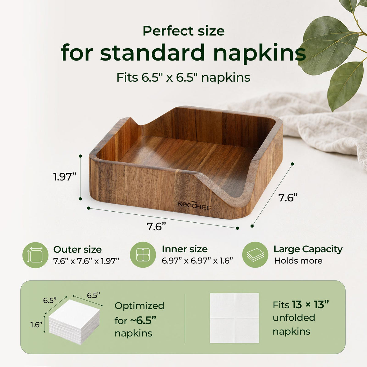 Acacia wood napkin holder measuring 7.6 by 7.6 by 1.97 inches, designed for napkins folded to 6.5 inches square