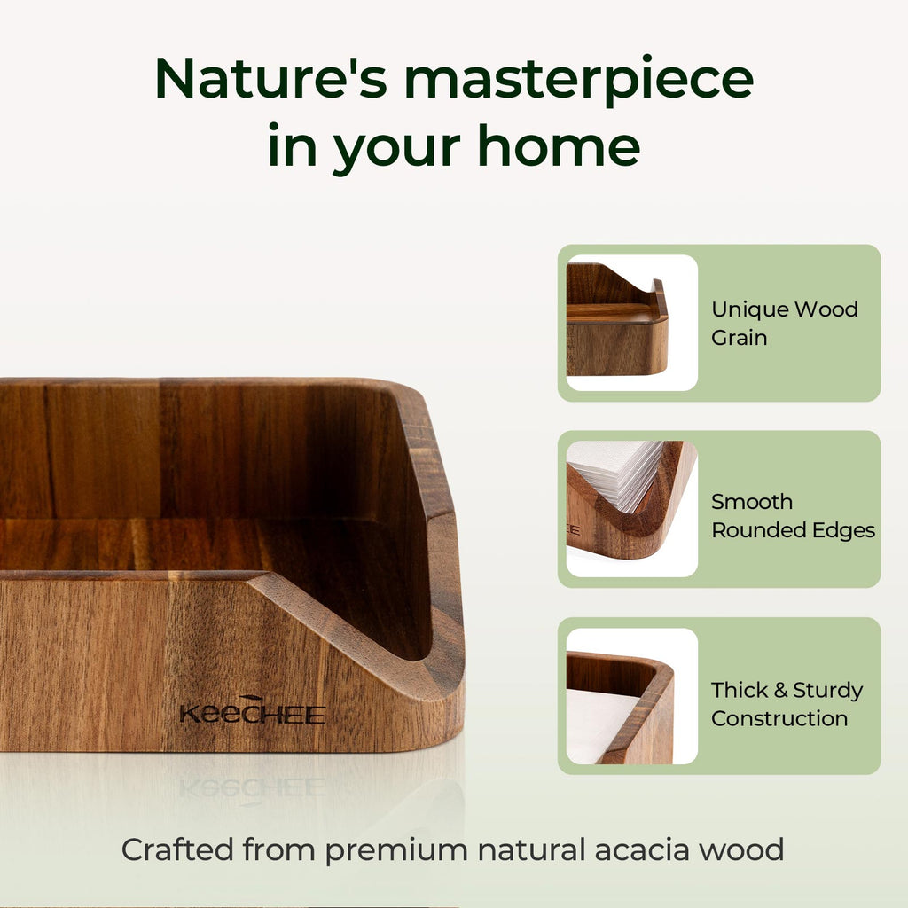 Close-up of the acacia wood grain, rounded edges, and thick sides of a KEECHEE napkin holder