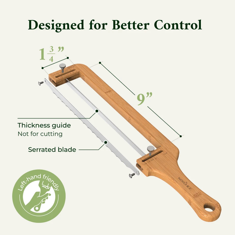 Adjustable bread knife diagram labeling the serrated cutting blade and the non-cutting thickness guide