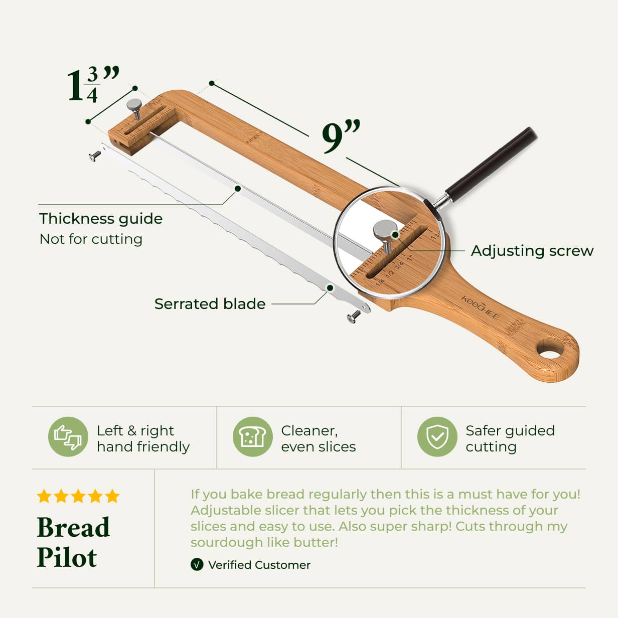 Adjustable bread slicer with precision cutting guide for evenly sliced bread
