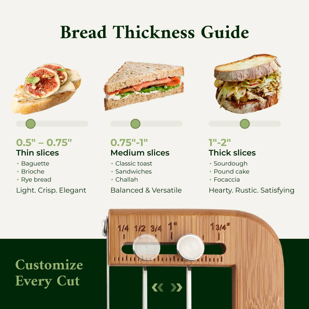 Adjustable bread slicer with customizable thickness settings for different bread sizes