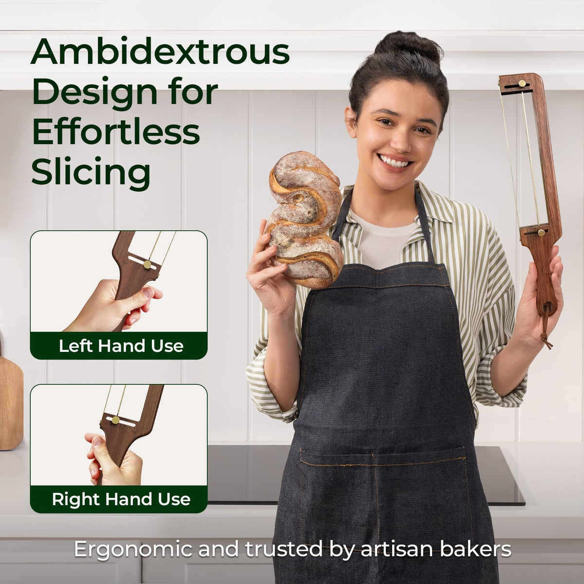 Ambidextrous walnut wood bread slicer for right- and left-handed use