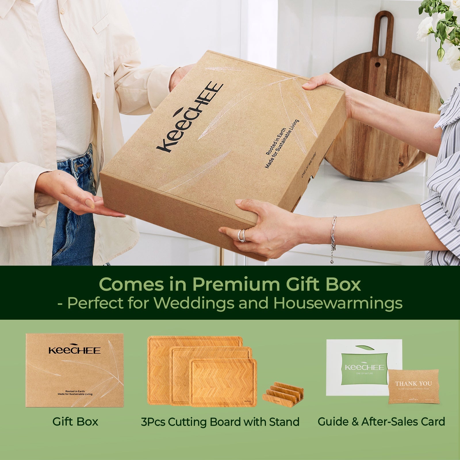 Atelier herringbone bamboo cutting board in gift-ready packaging