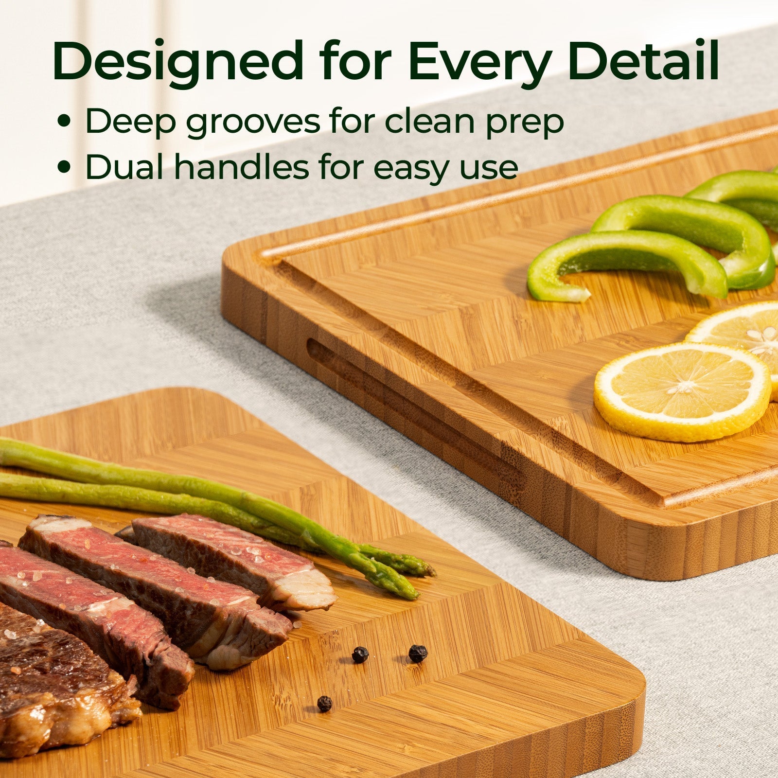 Built-in juice groove on an Atelier herringbone cutting board