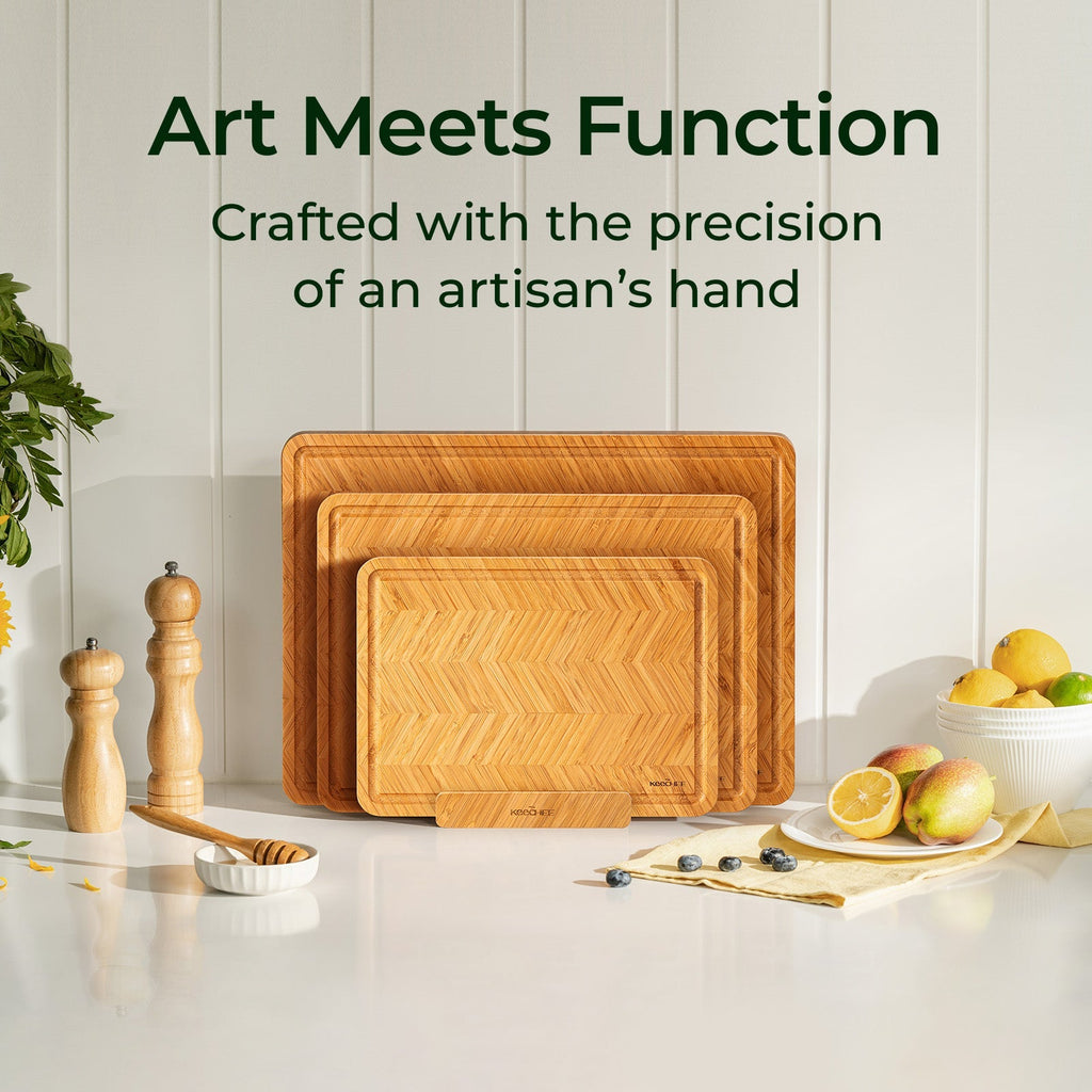 Atelier bamboo cutting board displayed upright on a kitchen counter