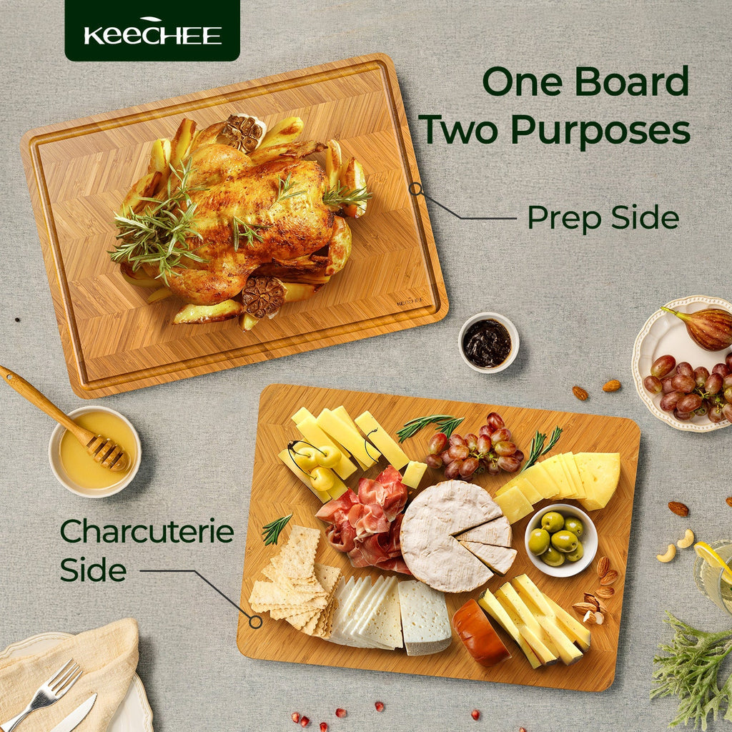 Atelier bamboo cutting board used for food prep and serving