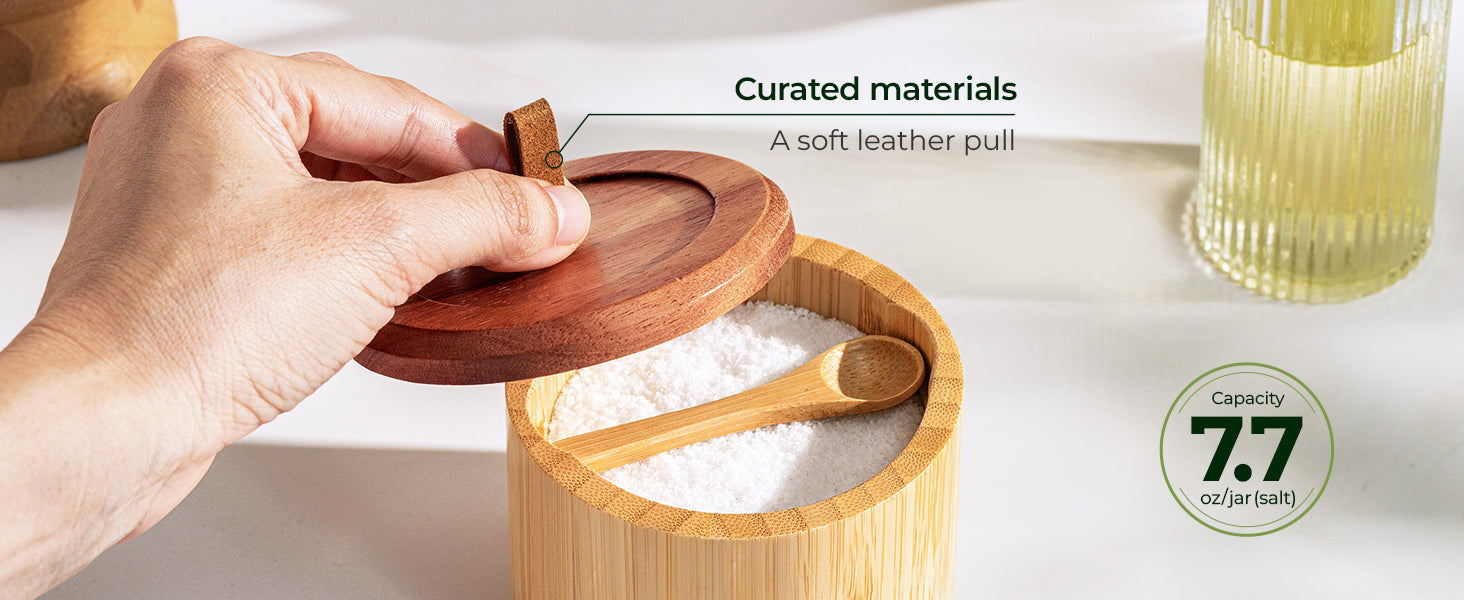 Bamboo Salt Cellar Dual Compartment with Acacia Lid & Spoon