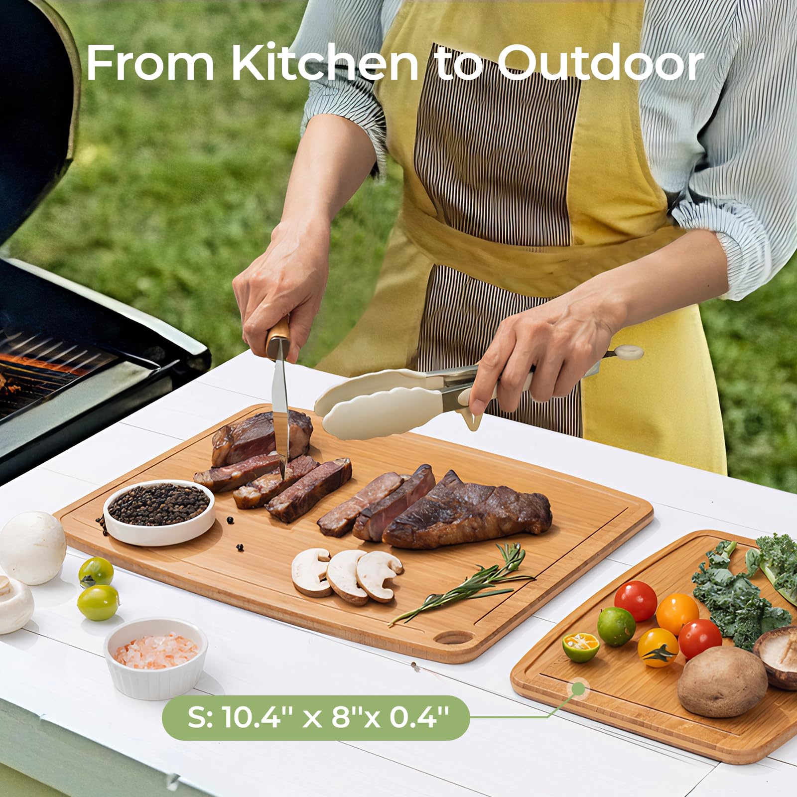 Bamboo cutting board for kitchens, BBQs, camping and outdoor food prep
