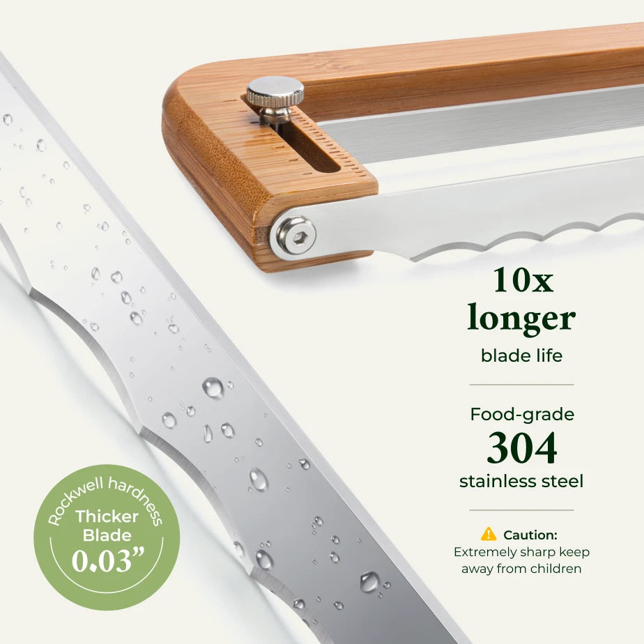 Close-up of the serrated blade, bamboo frame and adjustment knob on a bread knife